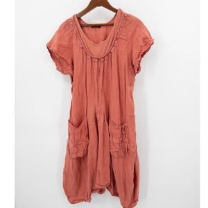 Bella Amore Made in Italy Linen Lagenlook Dress Terracotta Coral Ruffle Pocket S